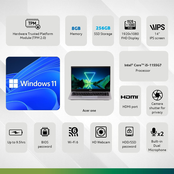 Acer One 14 Intel Core i5 8GB RAM/512GB SSD/Windows 11 Thin Light Laptop 14.0 inch Full HD Display