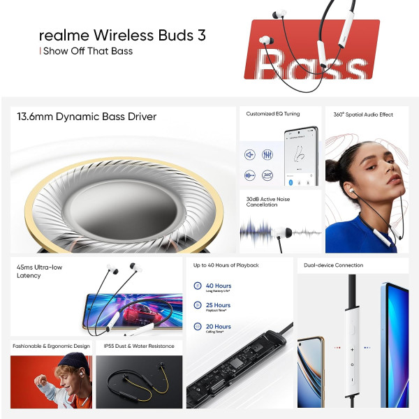 realme Buds Wireless 3 in-Ear Bluetooth Headphones Upto 40 Hours Playback Fast Charging