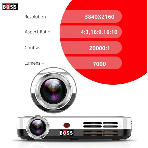 BOSS S7, 3840x2160p 4K Ultra HD, 3D Android 9.0, Contrast 20000:1 (7000 lm / Wireless / Remote Controller) Portable Projector (White)