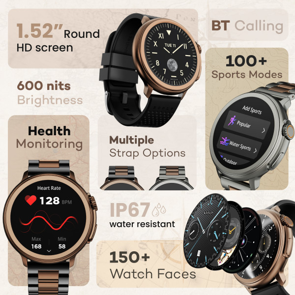 Boult CrownR Bluetooth Calling, 1.52'' HD Screen, Zero Bezels, Zinc Alloy Frame, IP67 Smartwatch (Bullet Silver Strap, Free Size)