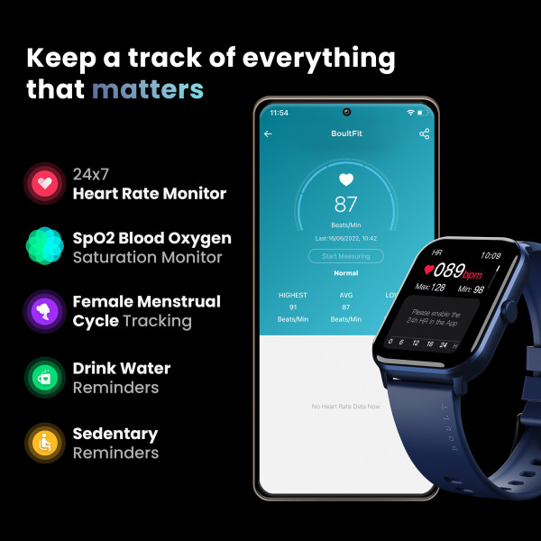 Boult Drift BT Calling 1.69" HD Display, 140+ Watchfaces, Complete Health Monitoring Smartwatch (Blue Strap, Free Size)