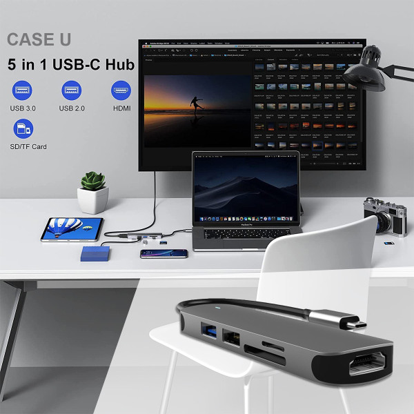 Case U 5-in-1 USB-C Hub TYPE-C HUB USB Hub, Card Reader, HDMI Connector, USB Flash Drive, USB Charger (Space Grey)