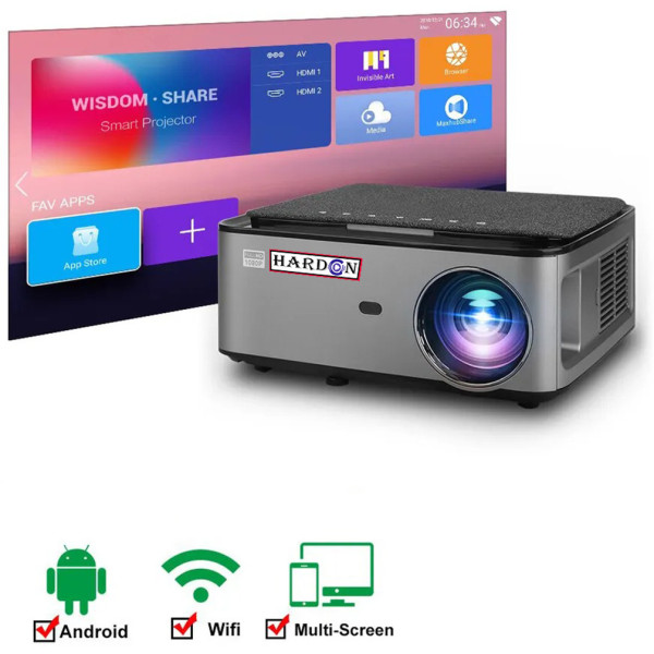 HARDON 3D 4K 1920x1080p FHD Android 9.0 Advance Technology LED Smart (6800 lm / Wireless / Remote Controller) Portable Projector (Grey)
