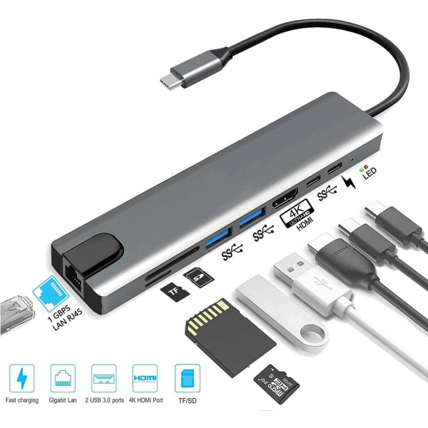 Hi-Lite Essentials Premium Type C to 2X USB 3.0, Card Reader , 4K HDMI, Gigabit Lan and Power delivery HDMI Connector (Space Grey)