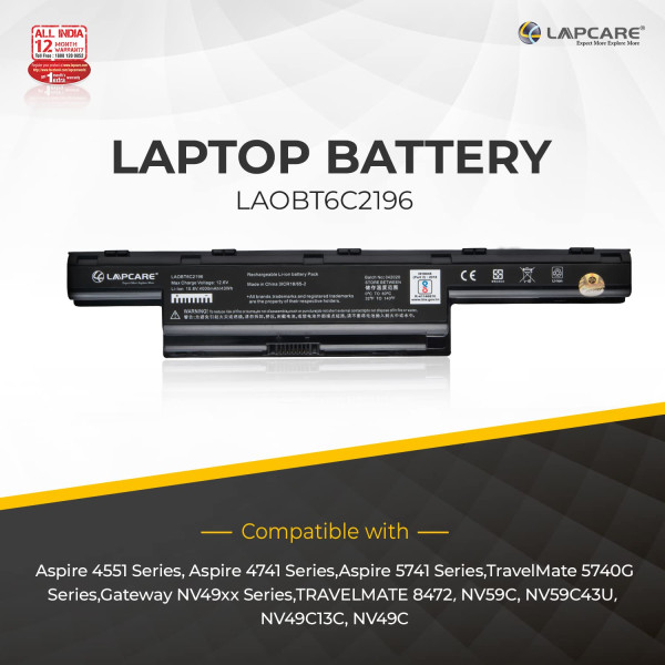 LAPCARE 10.8V 4000mAh 6 Cell BIS Certified Compatible Lithium-ion Laptop Battery for ACER TravelMate 4740 5740 and 4740G Series