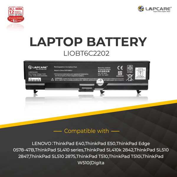 LAPCARE 10.8V 4000mAh 6 Cell BIS Certified Compatible Lithium-ion Laptop Battery for Lenovo ThinkPad T410 T410i and T520 Series