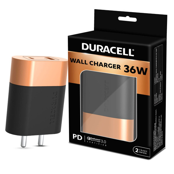 DURACELL 36 Watts Fast Wall Charger AdapterType C Power Delivery QC 3.0 USB Charger Fast Charging Compatible with iPhone