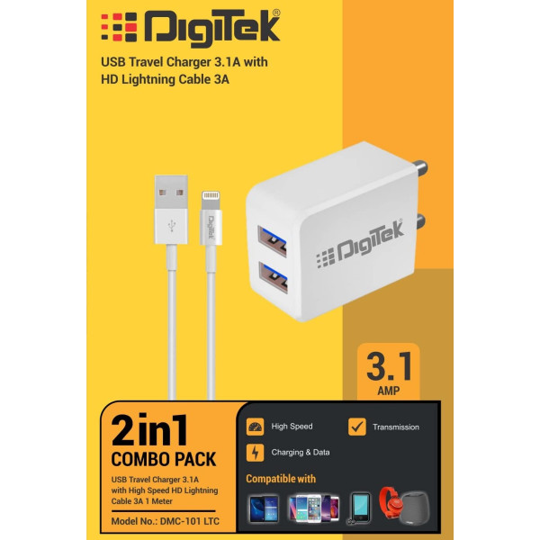 Digitek Dual Port USB Travel Charger 5V 3.1A Wall Charger with HD Lightning Cable Fast Charging Adapter Suitable for Smartphones