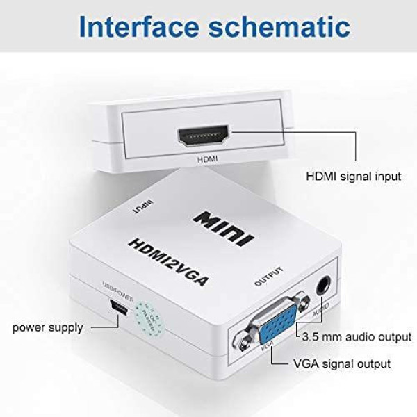 Tobo Mini HDMI to VGA Converter with Audio HDMI2VGA 1080P Adapter Connector for PC Laptop to HDTV Projector HDMI 2 VGA Converter Media Streaming Device (White)