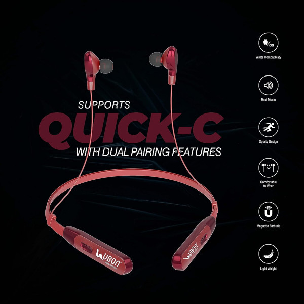 UBON CL-80 Bluetooth Headphones Earphones 5.0 Wireless Headphones with Fast Charging, 45Hrs Playtime, Dual Pairing, Lightweight Neckband, Sweat-Resistant Magnetic Earbuds with Inbuilt Mic (Red)