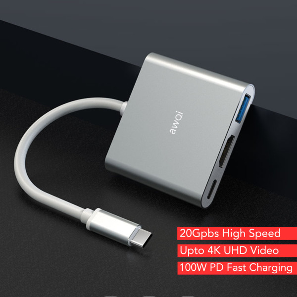 awQi 3 in 1 Type C USB HUB | Type C HUB | USB-C to HDMI Adaptor AQ HB1200 4K HDMI with USB-C 100W PD Charging, USB 3.0, Aluminium Body (Compact and Easy to Carry Design - Silver)