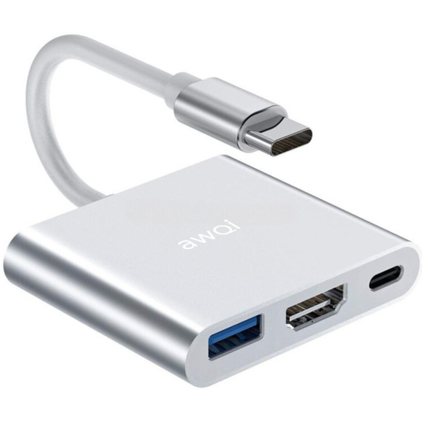 awQi 3 in 1 Type C USB HUB | Type C HUB | USB-C to HDMI Adaptor AQ HB1200 4K HDMI with USB-C 100W PD Charging, USB 3.0, Aluminium Body (Compact and Easy to Carry Design - Silver)