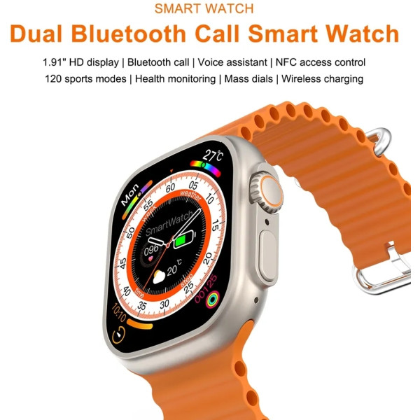 Wellteck T800 Series 8 Ultra Smart Watch HD 1.99 Inch Display Orange Strap