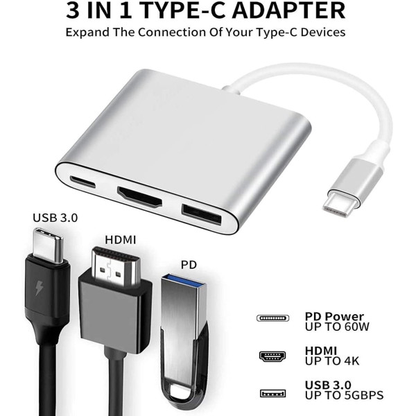microware 3 in 1 Hub Type C USB 3.1 to USB-C 4K HDMI USB 3.0 Adapter Converter Type c hub HDMI Connector (White)