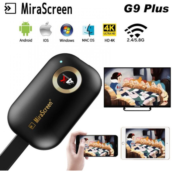 microware Mirascreen G9 Plus 2.4G/5G 4K Miracast Wifi for DLNA AirPlay HD TV Stick Wifi Display Dongle Receiver for Windows HDMI Connector (Black)