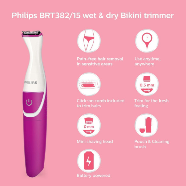 PHILIPS BRT382/15 Trimmer 30 min  Runtime 4 Length Settings (Pink)