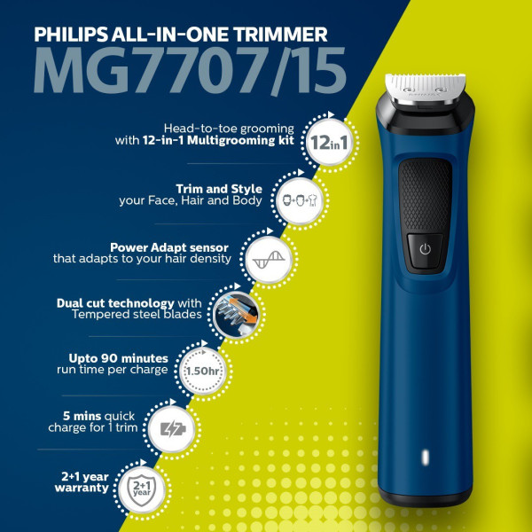 PHILIPS MG7707/15 Trimmer 90 min  Runtime 9 Length Settings (Blue)