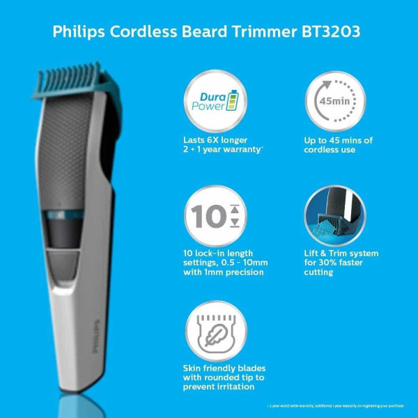 PHILIPS BT3203/85 Beard Trimmer + Body Groomer Combo Kit Pack Trimmer 45 min  Runtime 10 Length Settings (Black)
