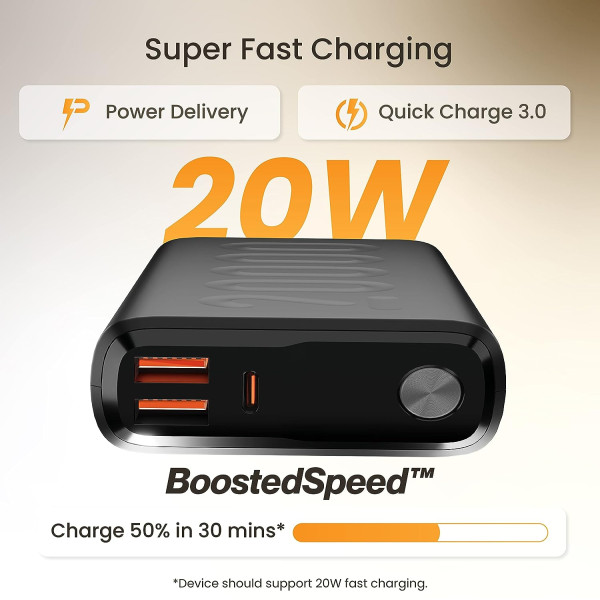 Ambrane 20000mAh Power Bank 20W Fast Charging Triple Output Type C PD Quick Charge Li-Polymer