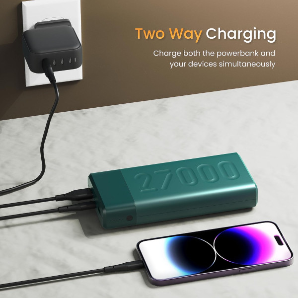Ambrane 27000mAh Power Bank 20W Fast Charging Triple Output Type C PD Quick Charge Li-Polymer for iPhone