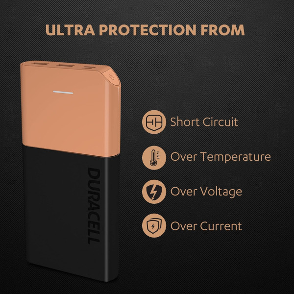 Duracell Power Bank 10000 mAh Portable Charger USB C Micro USB Input Fast Charge Technology 22.5W Power Delivery for Smartphones