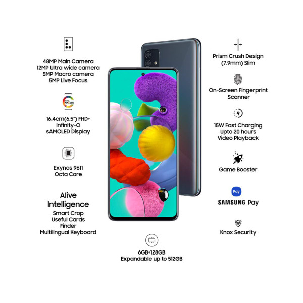 Samsung Galaxy A51 (Black, 6GB RAM, 128GB Storage )