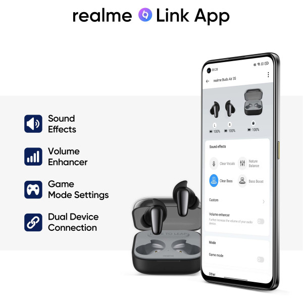 realme Buds Air 3S with Dual Device Pairing and 30hrs Total Playback Bluetooth Headset (Bass Black, In the Ear)