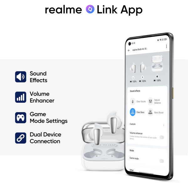 realme Buds Air 3S with Dual Device Pairing and 30hrs Total Playback Bluetooth Headset (Bass White, In the Ear)