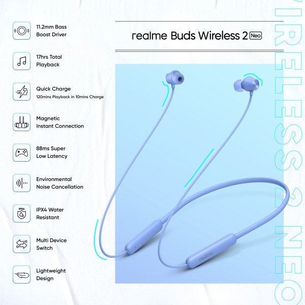 realme Buds Wireless 2 Neo with Type-C Fast Charge  Bass Boost+ Bluetooth Headset (Blue, In the Ear)