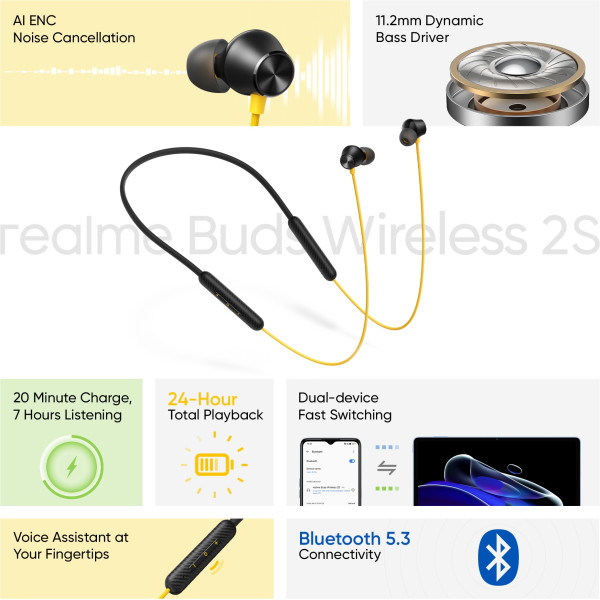 realme Buds Wireless 2S  Type C  Bluetooth Headset Black Yellow