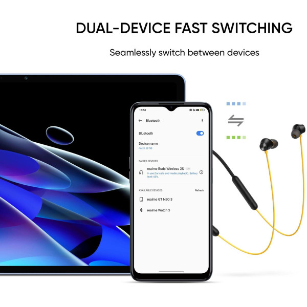 realme Buds Wireless 2S with Dual Device Switching  Type C Fast Charge Bluetooth Headset (Blue, In the Ear)