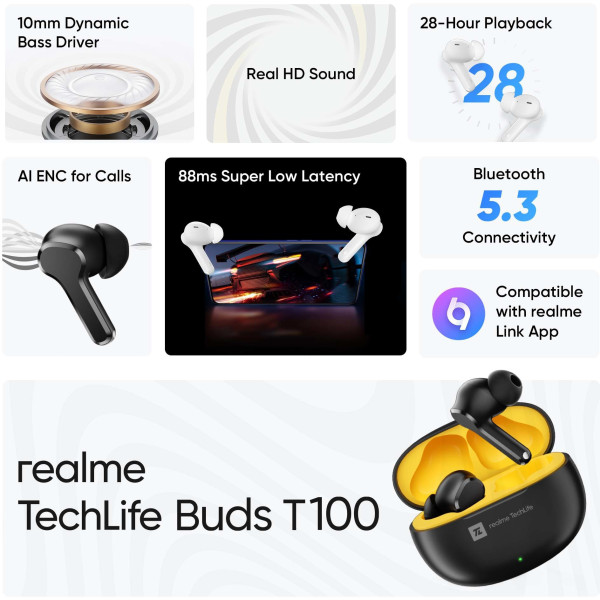 realme Techlife Buds T100 with up to 28 Hours Playback & AI ENC for Calls Bluetooth Headset (White, True Wireless)