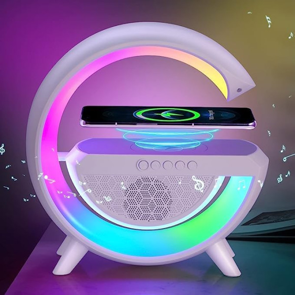 Wellteck G Shaped LED Bluetooth Speaker with FM Radio Smart Wireless Fast Mobile Charging Built-in Audio Music Color Changing RGB Light