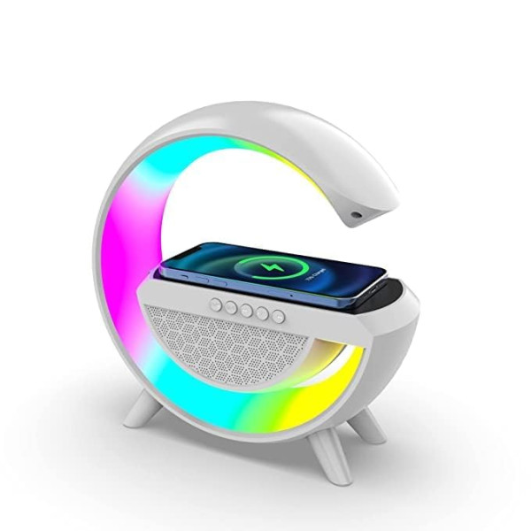 Wellteck G Shaped LED Bluetooth Speaker with FM Radio Smart Wireless Fast Mobile Charging Built-in Audio Music Color Changing RGB Light