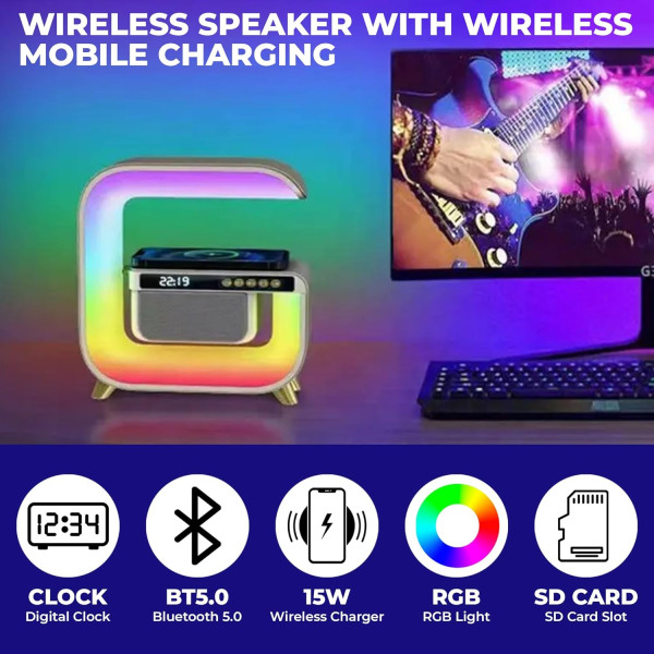 MOOZMOB Multicolored Glowing Google Speaker Lamp with Digital Clock Wireless Charger G Shape Night Lamp